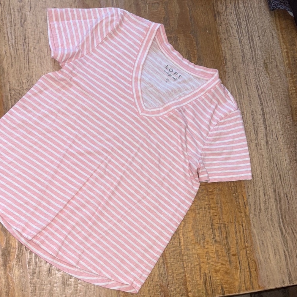 LOFT Pink and White Striped V-Neck Tee
